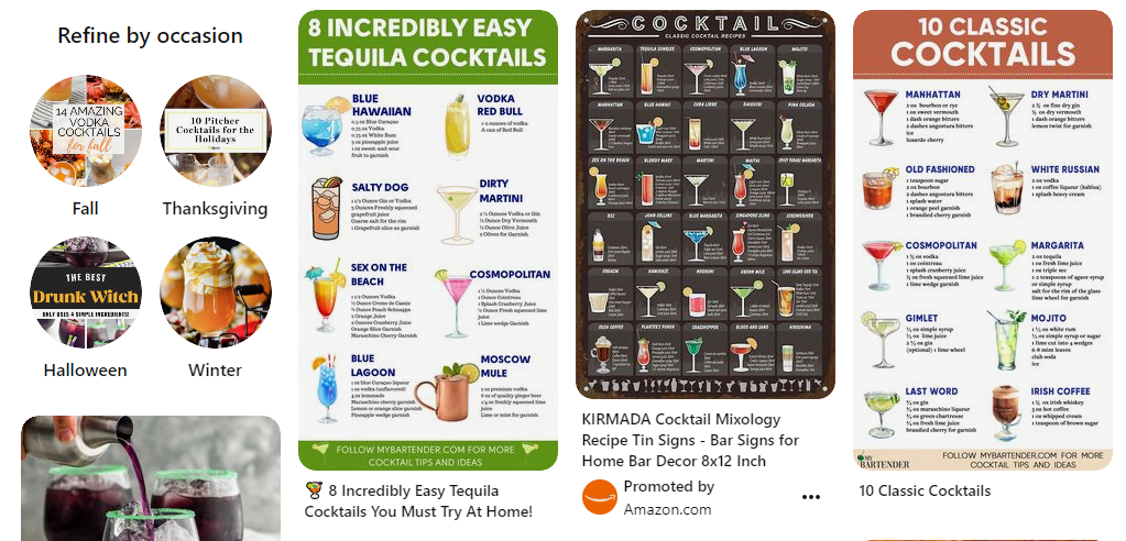 Tiles of cocktail recipes on Pinterest
