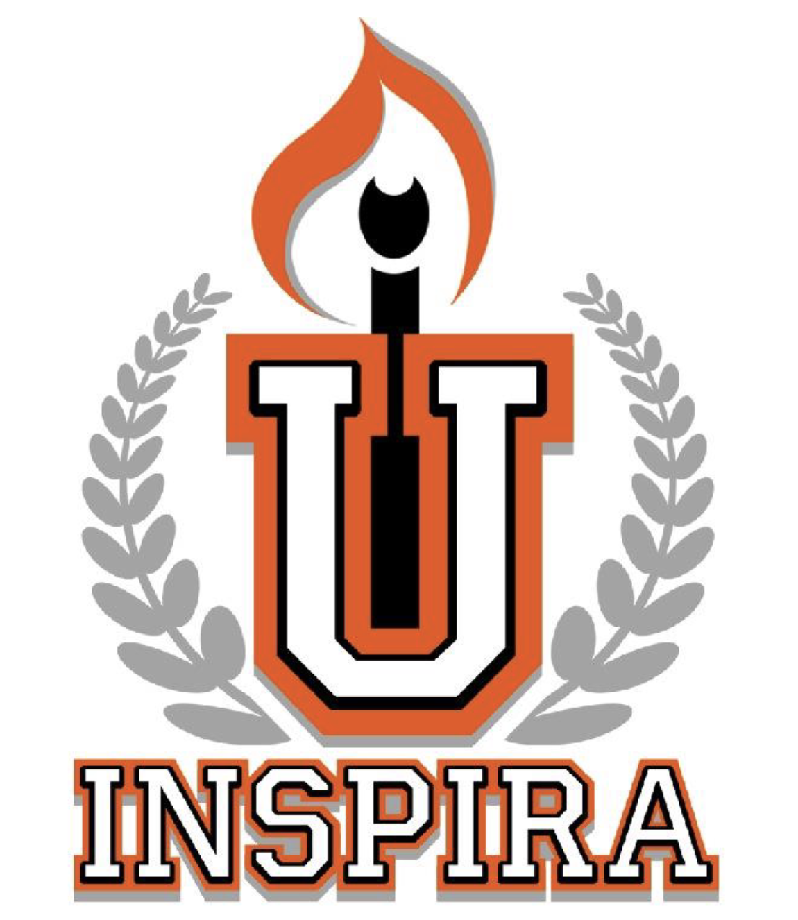 Text on the bottom says "Inspira," and the central focus is a large "U" in a college font. The flame and match are coming out of the U's negative space