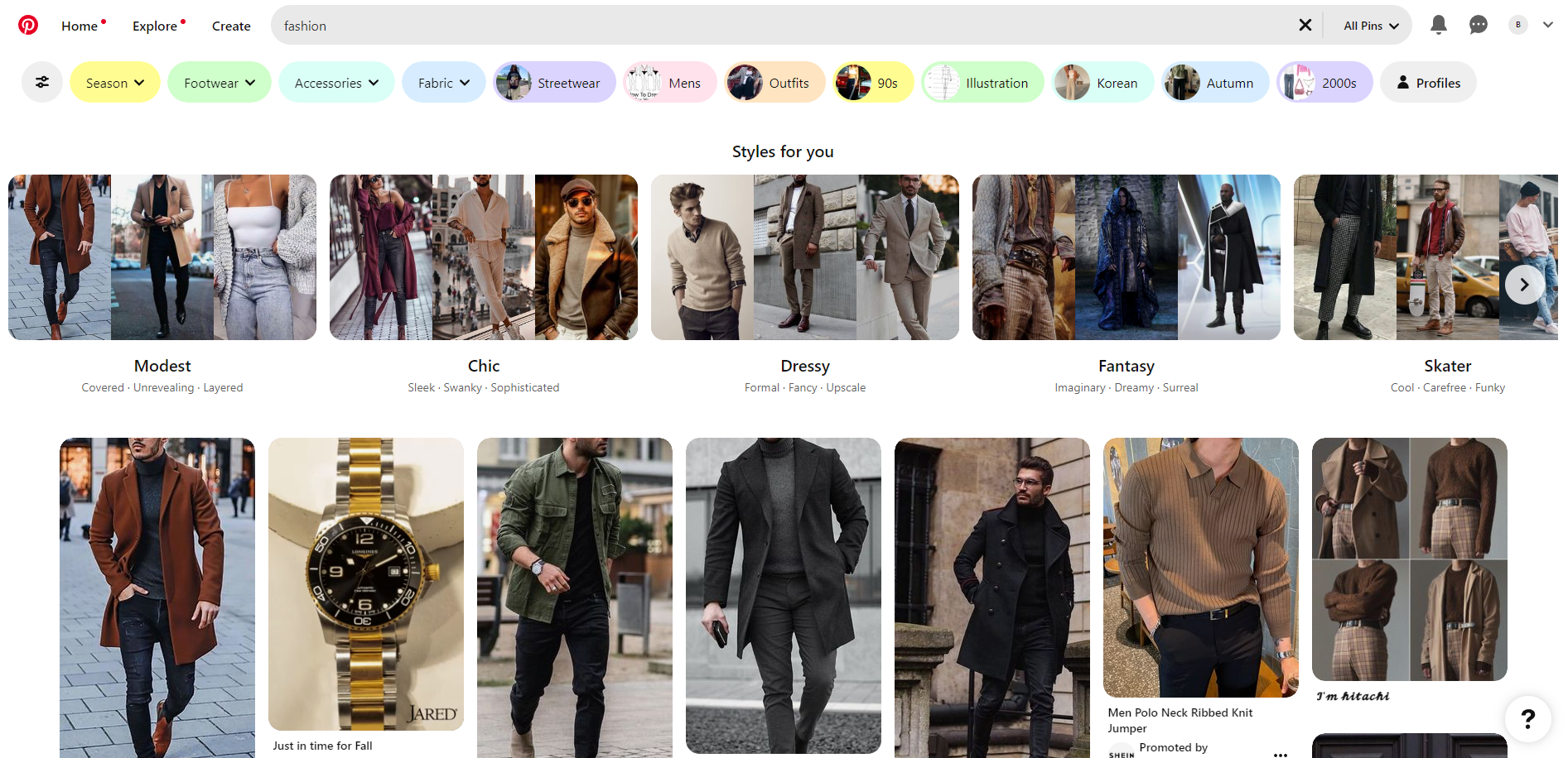 Tiles of men's fashion suggestions from Pinterest
