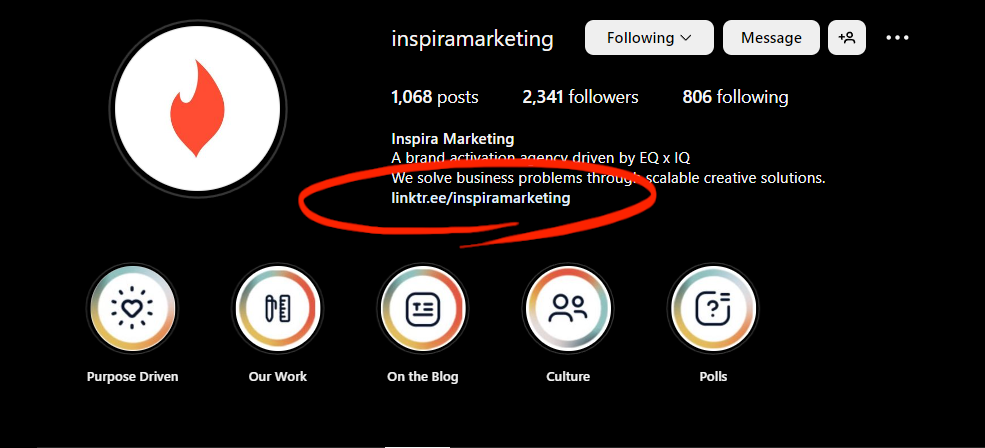 Screenshot of Inspira's instagram profile, with the linktree link circled in orange