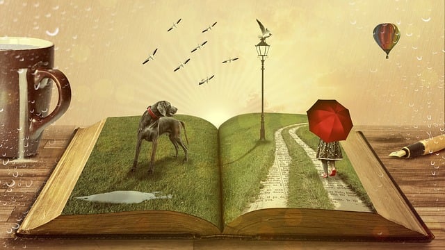 An open book with a three-dimensional dog, a little girl with an umbrella, and a streetlamp. All representing inspiration.